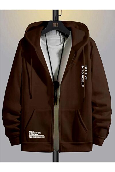 RASCHA Ανδρική Καφέ Ζακέτα Believe Print με κουκούλα oversized