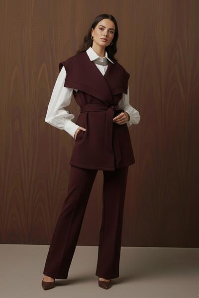 Puane Women's Stitched Detailed Belted Scuba Vest Set - 14398Tkm - Burgundy