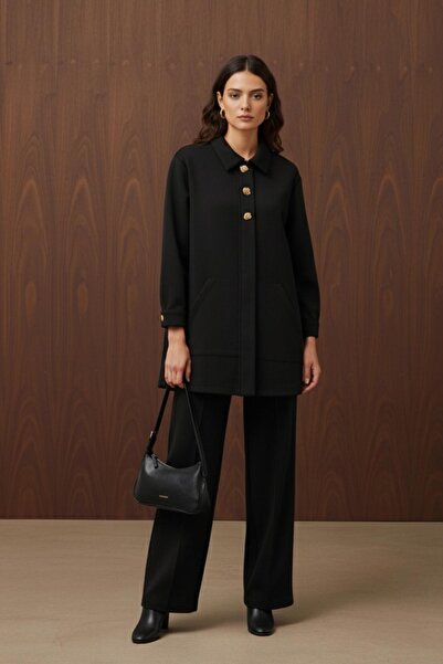 Puane Women's Gold Button Detailed Tunic Set-14429Tks - Black