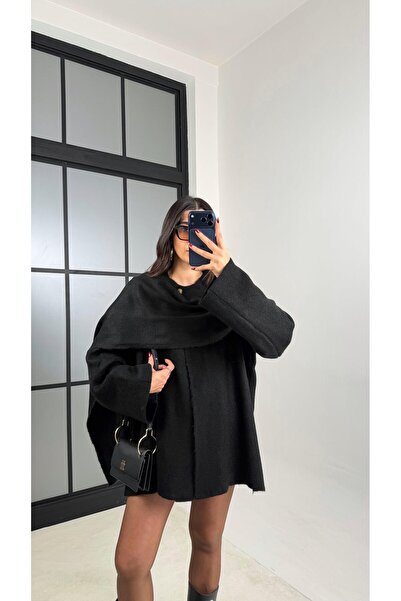 Gaus Black Shawl Detailed Knitwear Sweater Gaus-00774