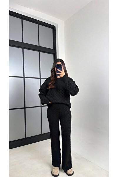 Gaus Siyah Saç Örgülü Kazak Beli Lastikli Pantolon Triko Takım GAUS-00592