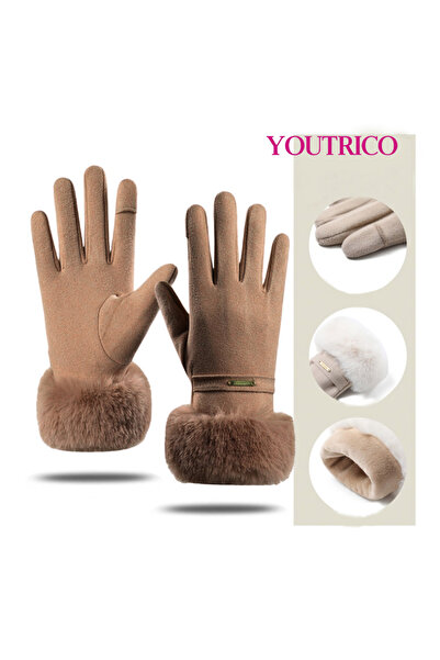 Youtrico Women's Winter Large Fur Cuff Gloves, Warm and Cold-Resistant Thick Gloves for Outdoors