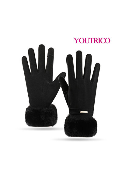 Youtrico Women's Winter Large Fur Cuff Gloves, Warm and Cold-Resistant Thick Gloves for Outdoors