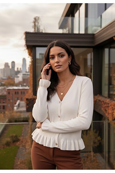 Figl Women's short sweater - Cardigan with decorative buttons - White Ecru sweater M1247 size S