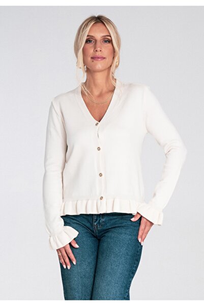 Figl Women's short sweater - Cardigan with decorative buttons - White Ecru sweater M1247 size M