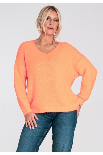 Figl Oversized loose sweater - V-neck sweater - Orange sweater M1236 size S