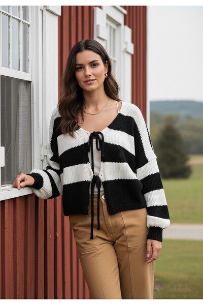 Figl Women's striped sweater - Knitted sweater - Black sweater M1244 size XL