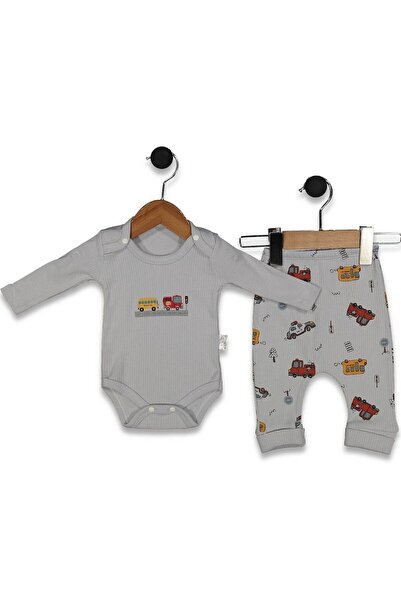 bebegen طقم ملابس للأطفال الذكور مكون من قطعتين بنمط سيارة باللون الرمادي