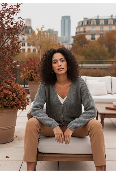 Figl Women's short cardigan - Sweater with decorative buttons - Gray sweater M1241 size S