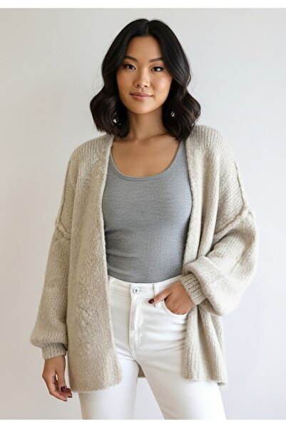 Figl Cardigan ușor și lung pentru femei - Cardigan bej cu model pulover M1264...