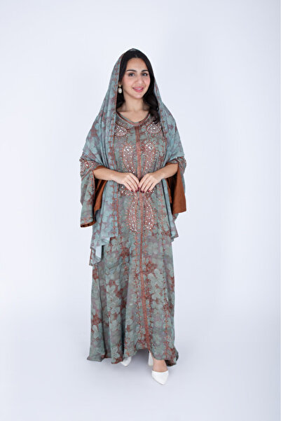 IKKXA Printed Jalabiya Crystal Patterns with Shawl