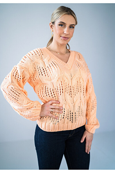 Figl Openwork V-neck sweater - orange M910 oversized size