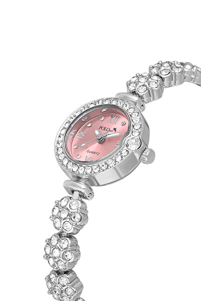 Polo Air Lüx Taşlı Çiçek Desen Kordon Kadın Kol Saati Gümüş Pembe Renk PL-158...