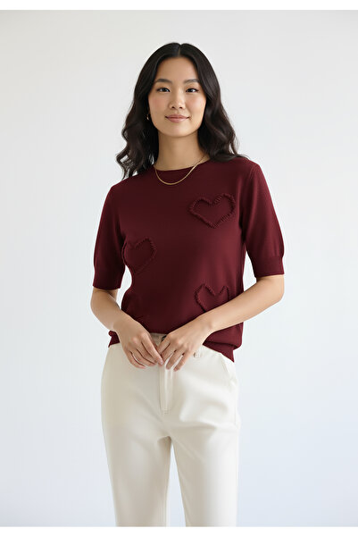 Figl Women's Heart Sweater - Women's Short Sleeve Sweater - Cherry M1278 size M