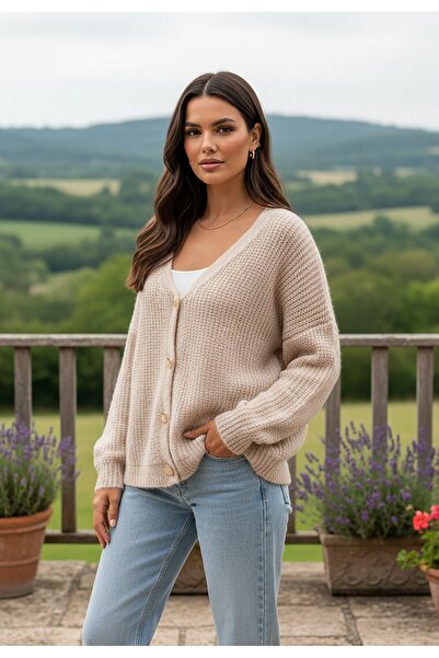 Figl Women's short cardigan - Sweater with decorative buttons - Beige sweater M1241 size L