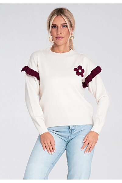 Figl Ruffled sweater - Floral sweater - White sweater Ecru M1242 size M