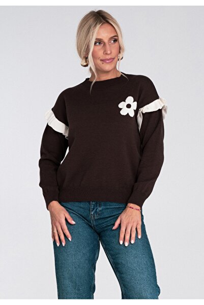 Figl Ruffled sweater - Floral sweater - Brown sweater M1242 size S