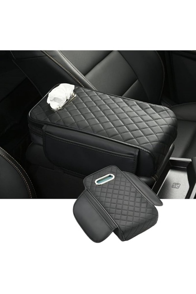 Generic غطاء مسند الذراع للسيارة، غطاء وحدة التحكم المركزية للسيارة من الجلد العالمي مع حقيبتين للتخزين وعلبة مناديل