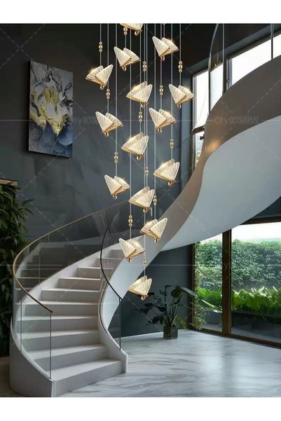LATUS Butterfly staircase chandelier, double-height rotating crystal chandelier