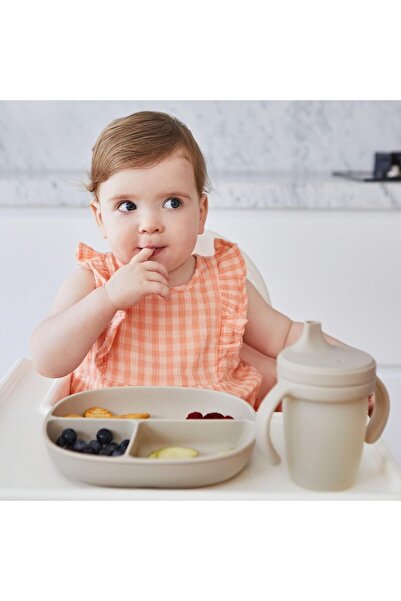 b.box 100% Platinum Silicone Baby Plate with Suction Cup & Leak-Proof Lid, 3 Compartments (latte)