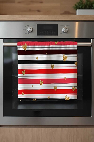 Queen Jera Heart Striped Oven Cover - Trend Kitchen Decorative Cover Model 40 X 53 cm