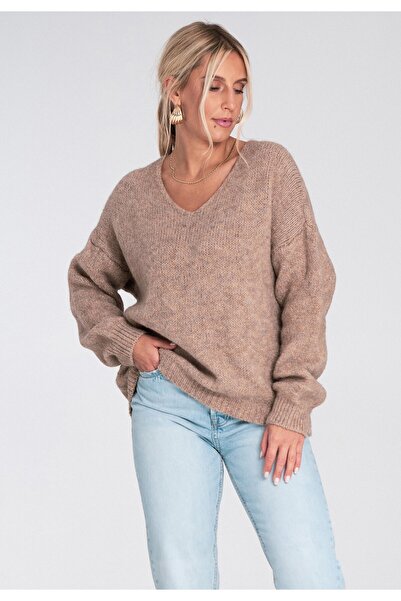 Figl Pulover lejer supradimensionat - Pulover cu decolteu în V - Pulover bej ...