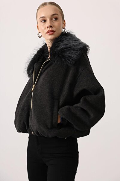 VAGGON Women's Anthracite Fur Collar Zipper Closure Bomber Cashmere Jacket Vs01540