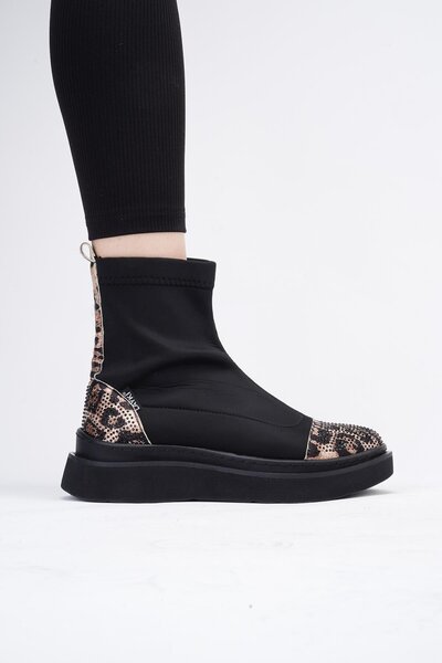 layki Afron Чорні з леопардовим принтом та камінцями Зимові жіночі чоботи