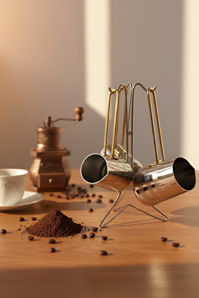YUNUSOĞLU HOME Stainless Steel Gold Handle Detailed Patterned Coffee Pot Set with Stand