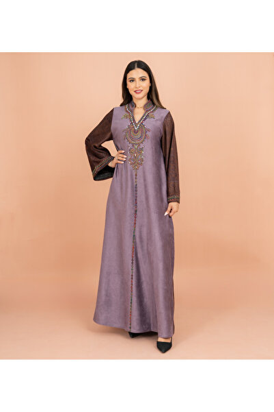 IKKXA جلابية فاخرة سادة بأكمام واسعة وتطريز ملون