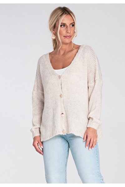 Figl Women's short cardigan - Sweater with decorative buttons - Beige sweater M1241 size XL