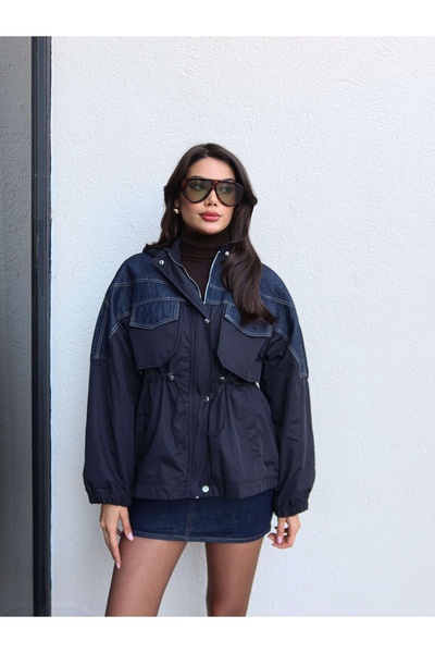 ESRAHELVACI Denim Paneled Waist Drawstring Coat