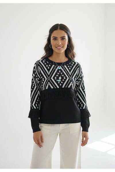 Figl Boho sweater with fringes - Boho sweater - Black sweater M1265 size S