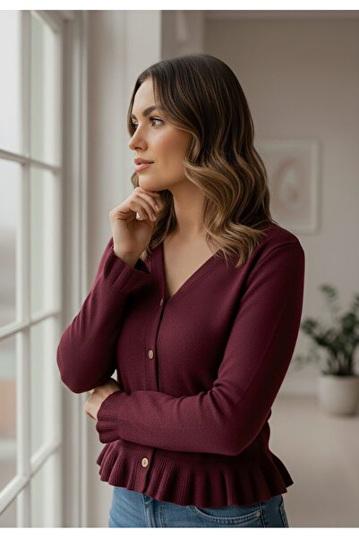 Figl Women's short sweater - Cardigan with decorative buttons - Cherry sweater M1247 size M