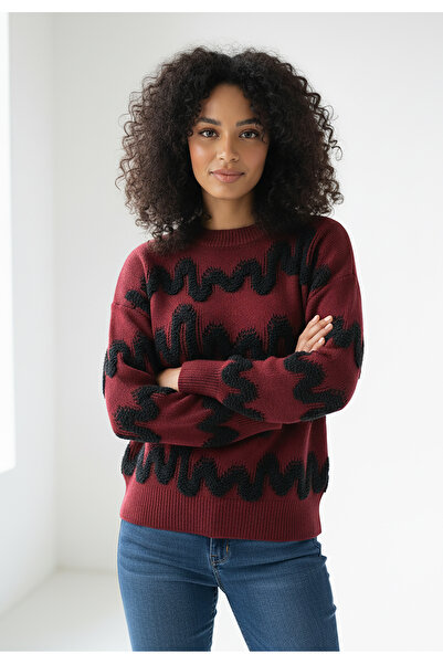 Figl Pulover cu dungi pentru femei - Pulover pentru femei - Pulover vișiniu M...