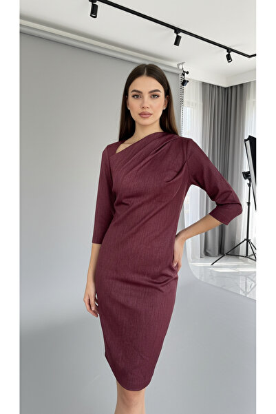 Eight Fashion Women's Burgundy Midi Asymmetrical Neckline Gathered Back Shiny Dress