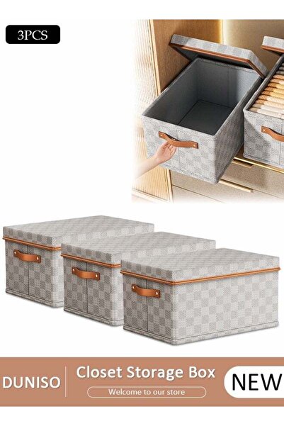 DOMEET 3 Pack Closet Storage Box with Lid and Handle, Stackable Wardrobe Clothes Organizer, Foldable Closet