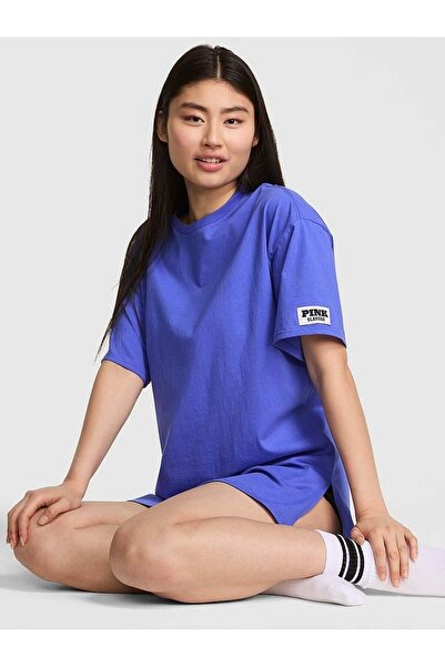 PİNK Pamuklu Oversize Yırtmaç Detaylı Uyku Tişörtü