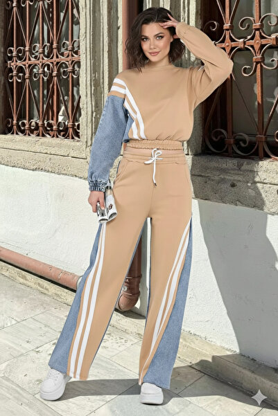 beeke Layal My Beauty Beige Blue White Striped Jeans Pants Sweatshirt Two-Piece Top and Bottom Set New Season