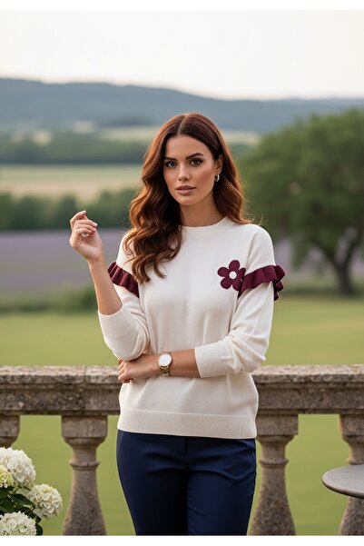 Figl Ruffled sweater - Floral sweater - White sweater Ecru M1242 size S