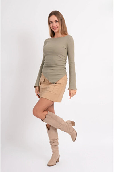 ALCİNOUS Bell Sleeve Boat Neck Embroidery Detail 100% Cotton Basic Blouse