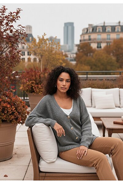 Figl Women's short cardigan - Sweater with decorative buttons - Gray sweater M1241 size L