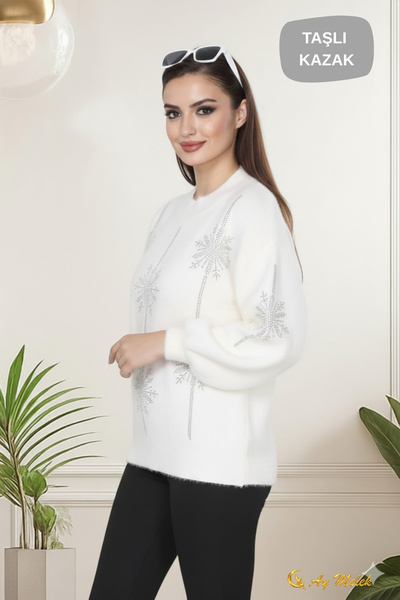 AYMELEK Women's Knitwear Sweater Detailed Crew Neck Soft Textured Sweater