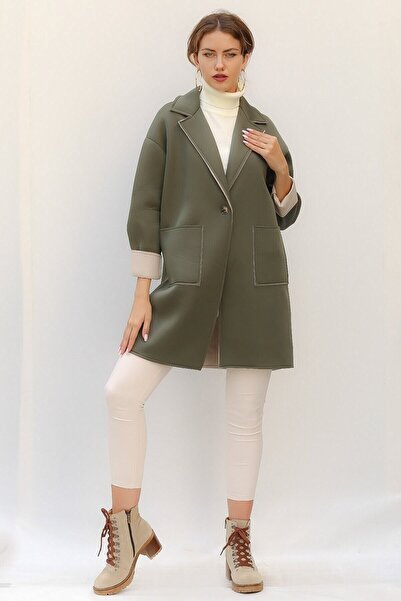 della moor Women's Khaki Italian Scuba/Diver Fabric Single Button Oversize Jacket