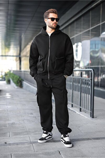 Madmext Black Hooded Cargo Pocket Piece Men's Tracksuit Set E7342