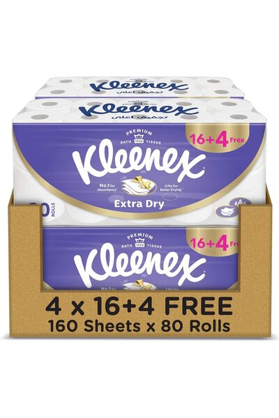 Kleenex لفات ورق تواليت فائقة الجفاف (80 لفة × 140 ورقة)، 3 طبقات، بدون رائحة