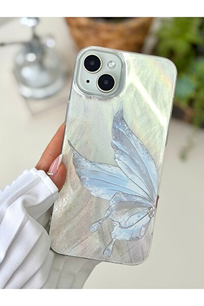 Go Aksesuar iPhone 15 - 14 - 13 Compatible Shine Platinum Butterfly Color Gradient Shiny Design Silicone Case