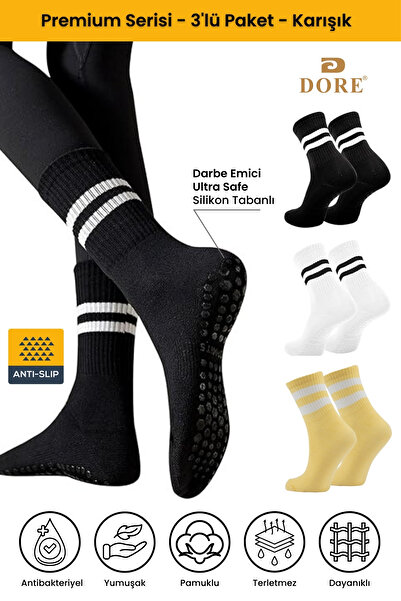 Dore Orijinal Unisex 3 Çift Kaymaz Pilates Ve Yoga Plates Kaydırmaz Tabanlı Çorap Siyah Beyaz Sarı