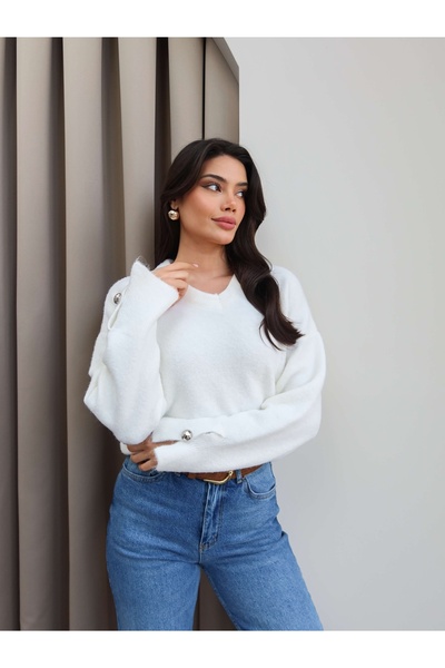 ESRAHELVACI V-Neck Sleeve Buttoned Soft Sweater