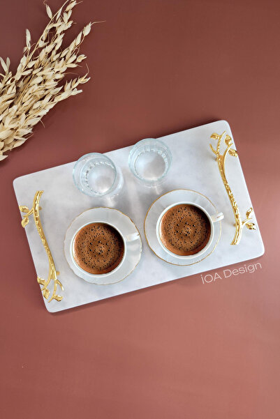 ioadesign Acacia Real Thin Marble Presentation Tray 32X20 cm - Gold Handle